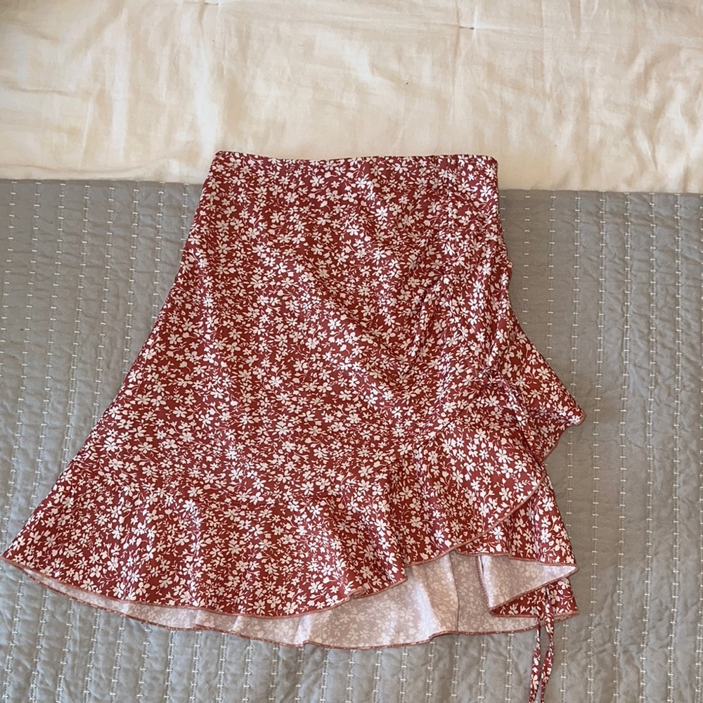 SHEIN Brown Orange Wrap Midi Skirt with Ruffles